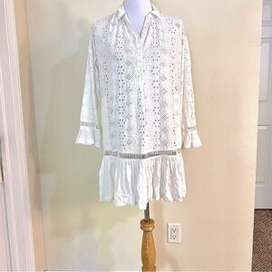 NAFTUL white eyelet lace ruffles  boho cottagecore dress women’s size L pockets
